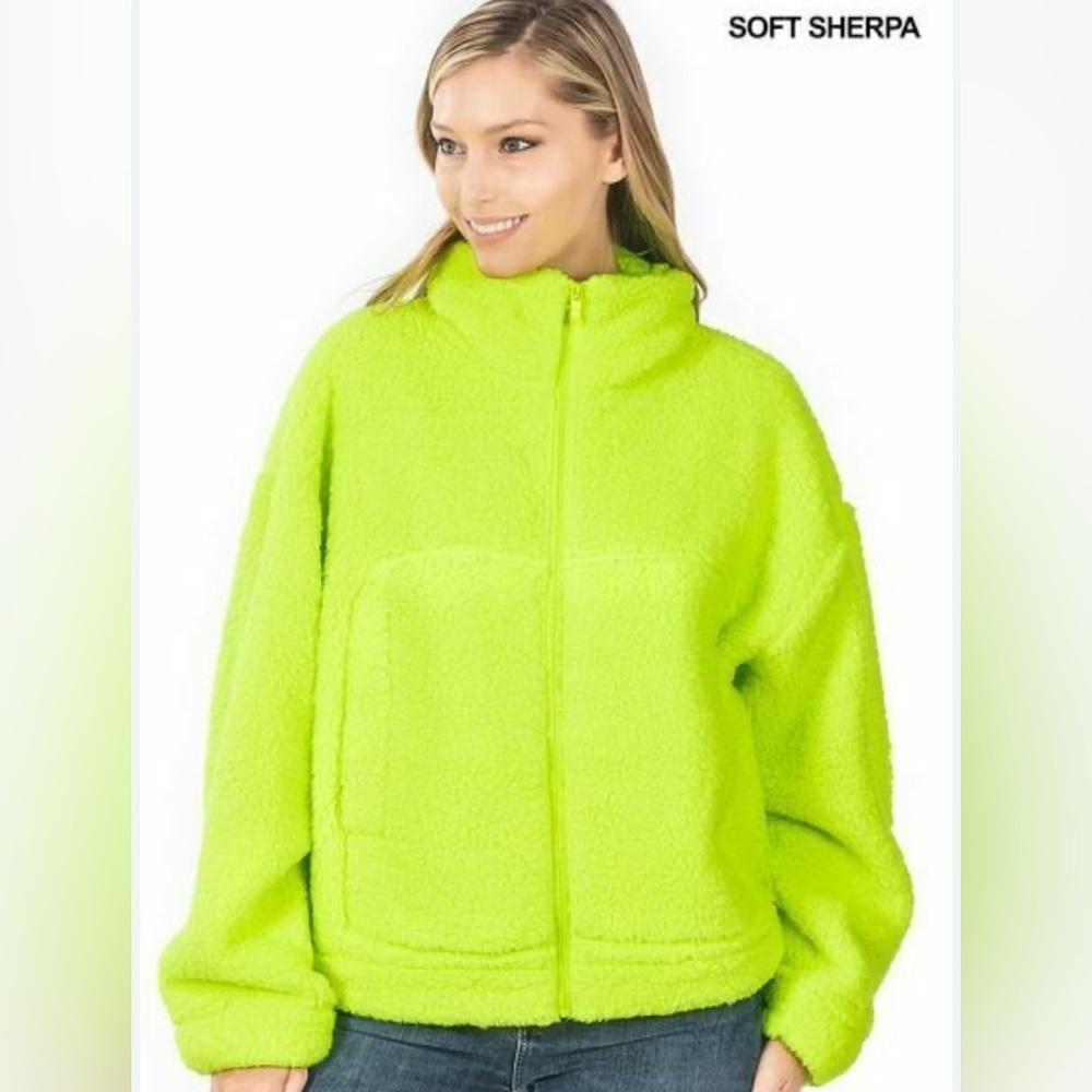 Zenana Women's Neon Green Sherpa Jacket. Size Small